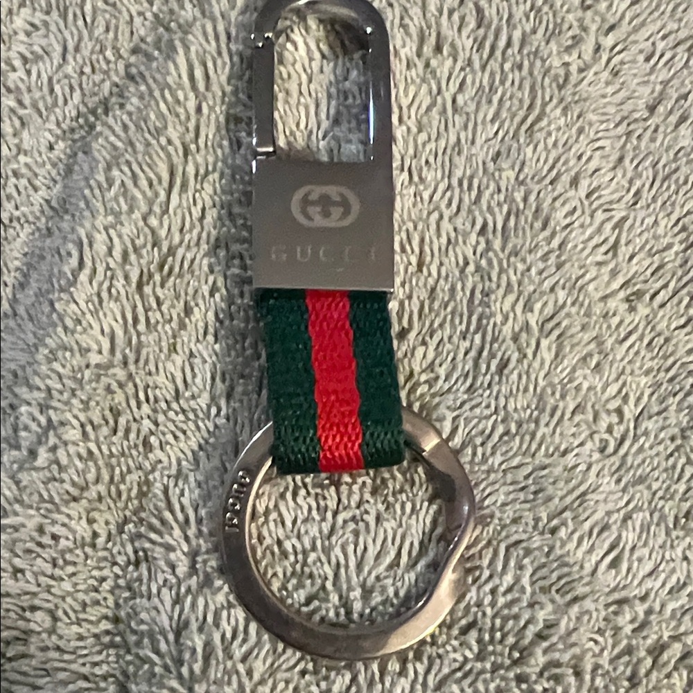 Gucci Green and Red Web Stripe Key Holder with Silver Hardware